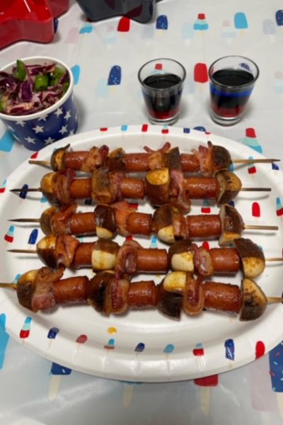 Hot Dog skewers and Red White and Blue Shots